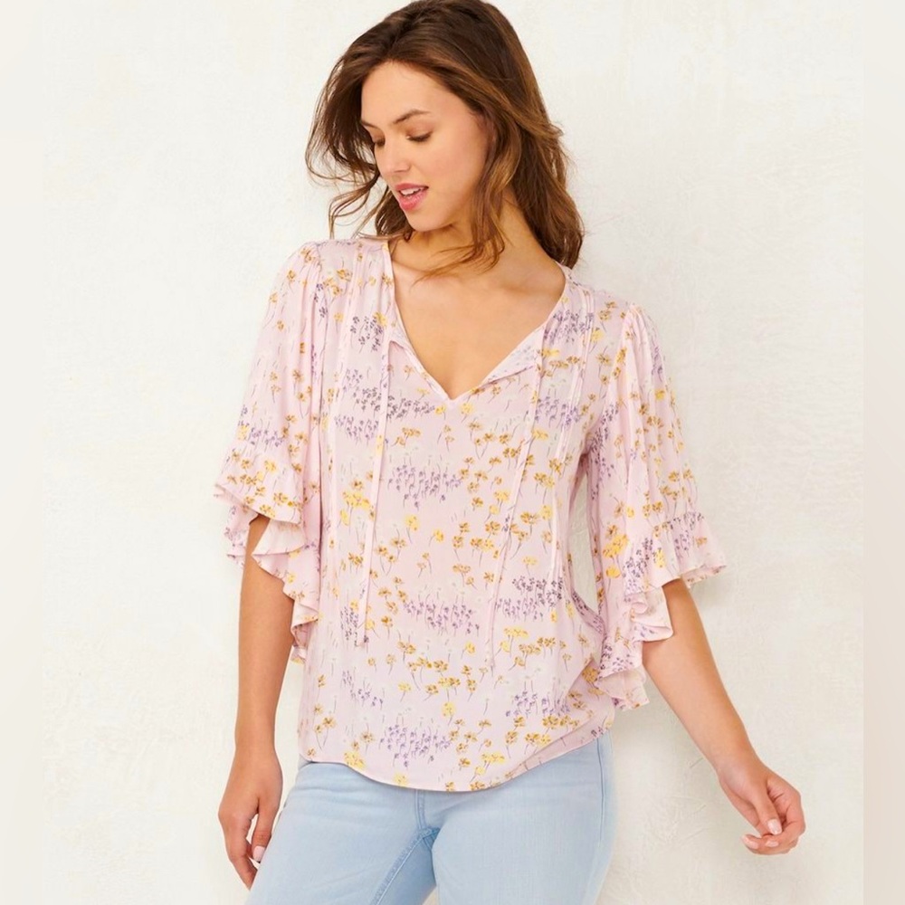 Women's LC Lauren Conrad Flounce Sleeve Top Light Pink Floral XS